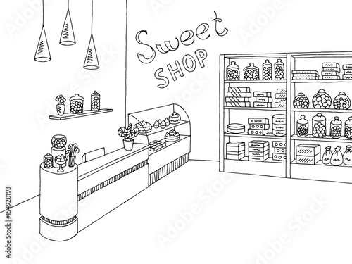 Sweet shop graphic black white interior sketch illustration vector