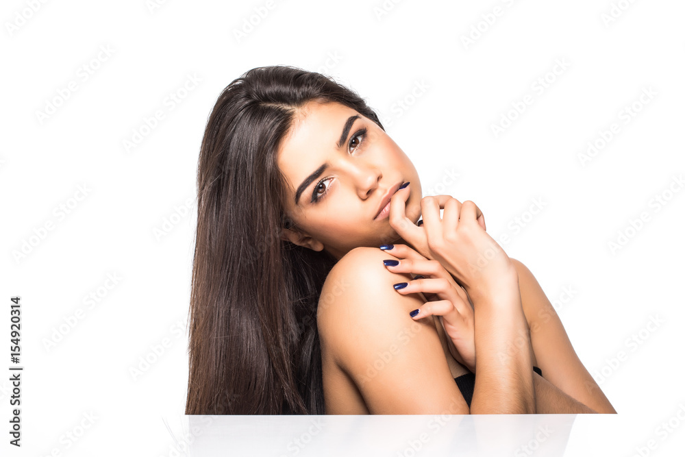 Beautiful Young Woman with Clean Fresh Skin touch own face . Facial treatment . Cosmetology , beauty and spa . Beautiful Young Woman with Clean Fresh Skin touch own face . Facial treatment . Cosmetology , beauty and spa .