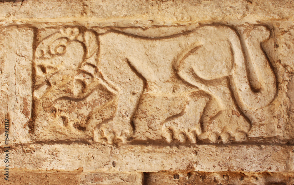 Grunge background with stucco texture and bas-relief carving of jaguar Grunge background with stucco texture and bas-relief carving of jaguar