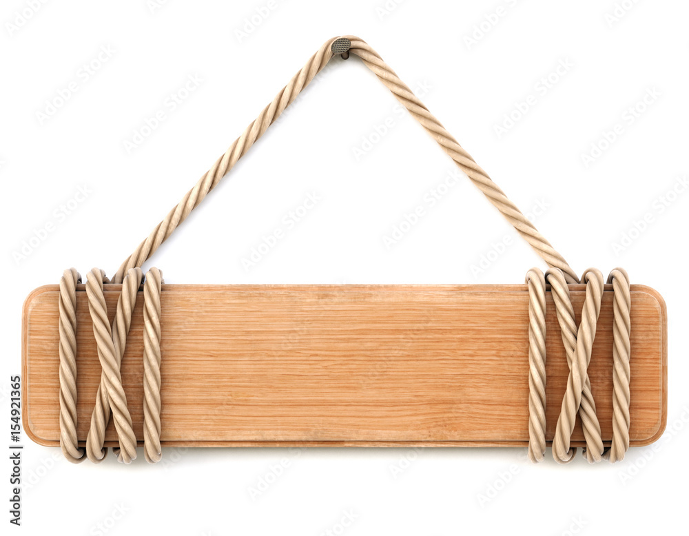 Sign Qith Rope Handle Wooden sign with rope hanging on a nail. Isolated on white background ...