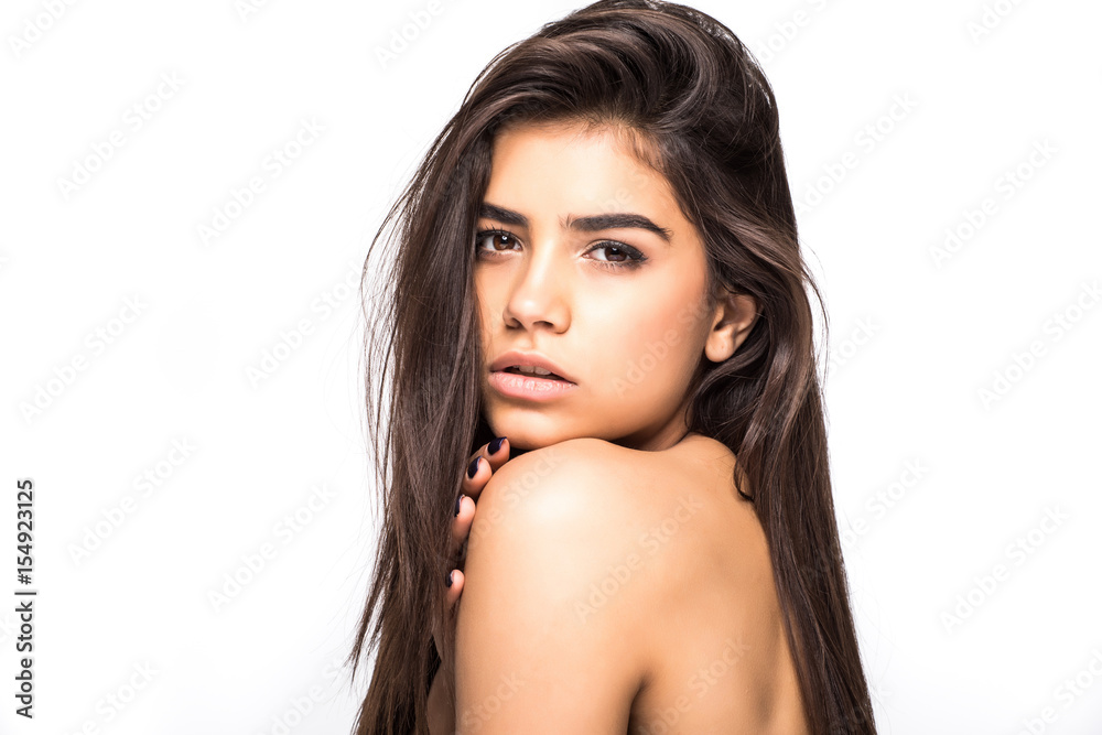Beautiful beauty young female model girl touching her face skin cheeks hands fingers. Fashion Beauty Model isolated on white