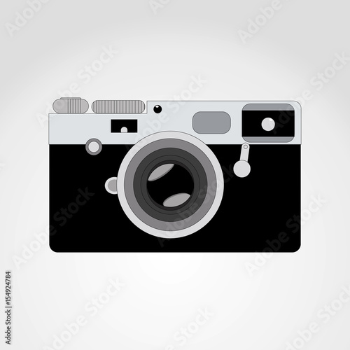 Retro camera or vintage camera in a flat style on a colored background. Old camera with strap. Isolated antique camera. Hung retro camera. photo