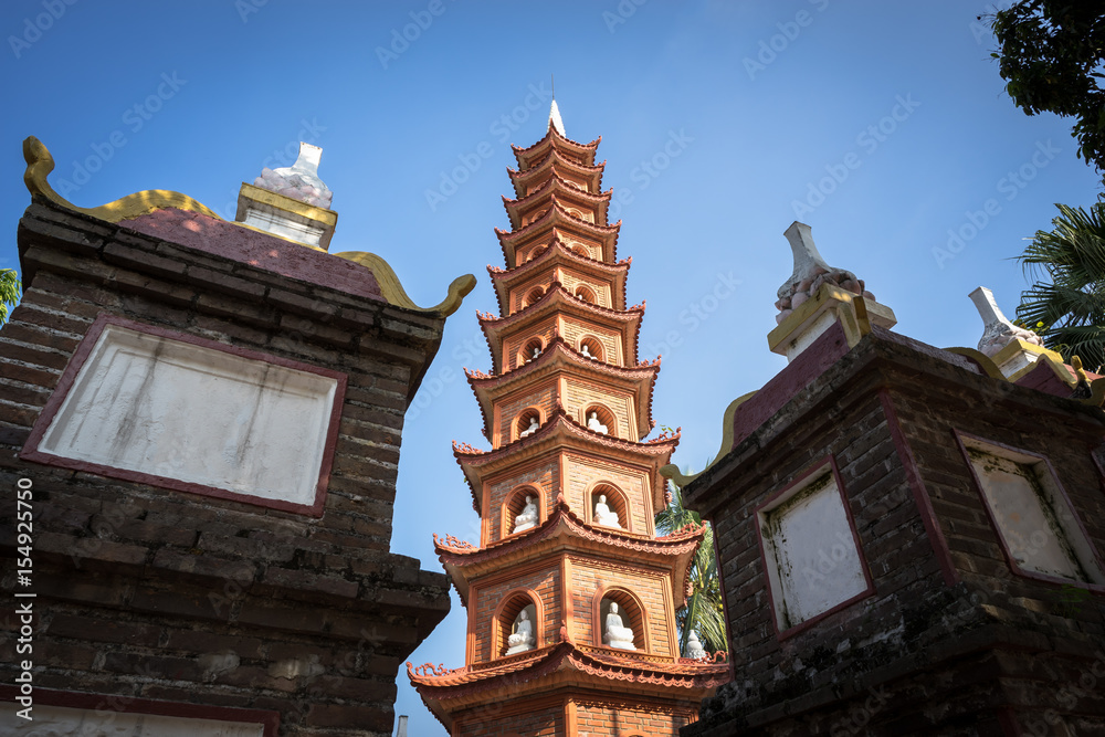 Old tower at Tran Quoc the oldest temple in Hanoi, Vietnam