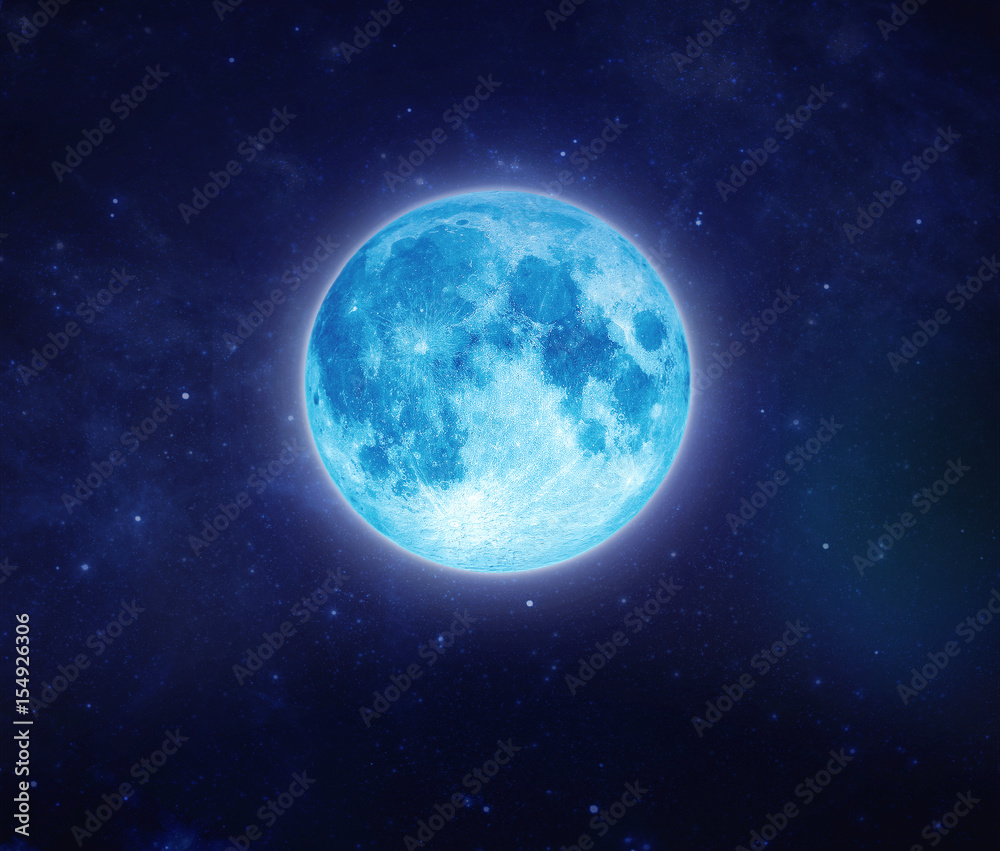 Beautiful blue moon on sky and star at night. Outdoors at night. Full lunar shine moonlight at nighttime with copy space background for headline text and graphic design.