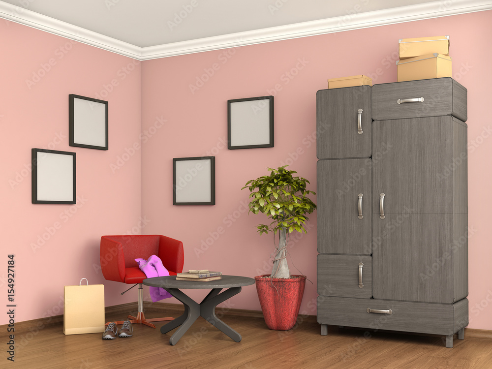 room with cupboard, armchair, closet, boxes and shoes, 3d, illustration room with cupboard, armchair, closet, boxes and shoes, 3d, illustration