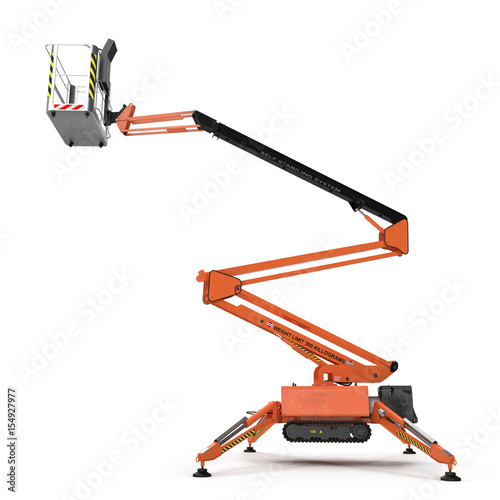 Mobile aerial work platform - Orange scissor hydraulic self propelled lift on a white . Side view. 3D illustration