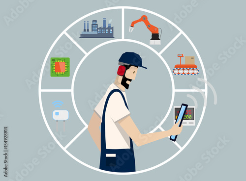 Industry 4.0 Factory Automation Concept: production chain controlled by skilled laborer with tablet PC.