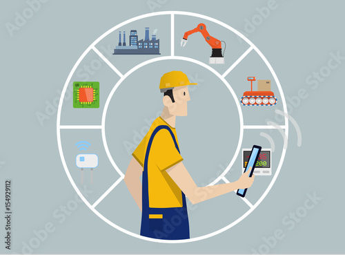 Industry 4.0 Factory Automation Concept: production chain controlled by skilled laborer with tablet PC.