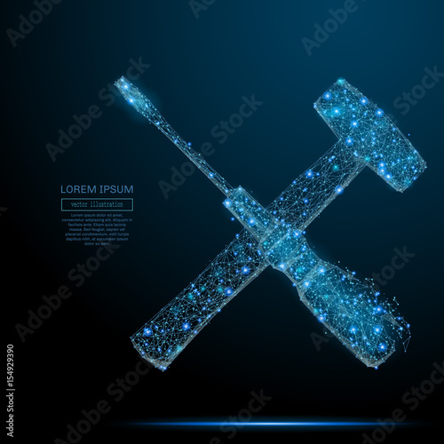 Abstract image of Screwdriver and hammer of a starry sky or space, consisting of points, lines, and shapes in the form of planets, stars and the universe. Vector business