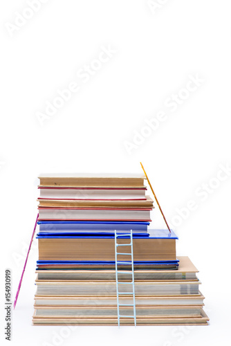 stack of books with ladders isolated on white, educational concept