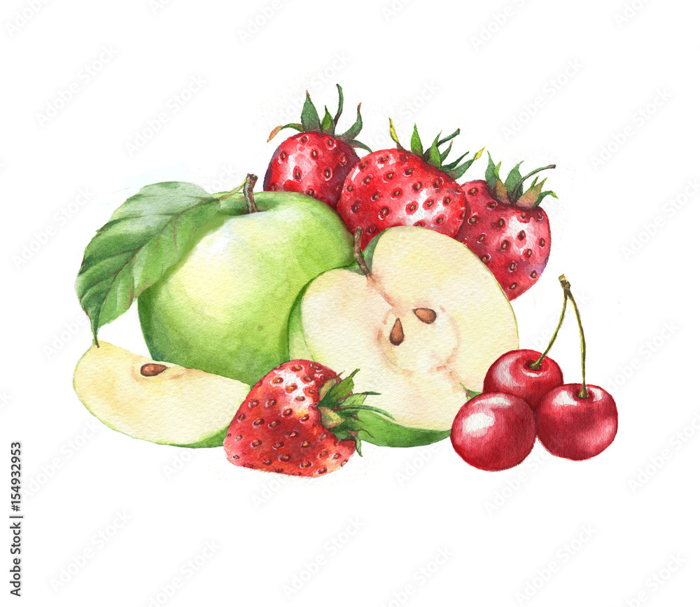 Hand-drawn watercolor fruits clip art. Isolated illustration of the green apples, cherries and red juicy strawberries on the white background. Food drawing for package, poster, banner, advertisement.