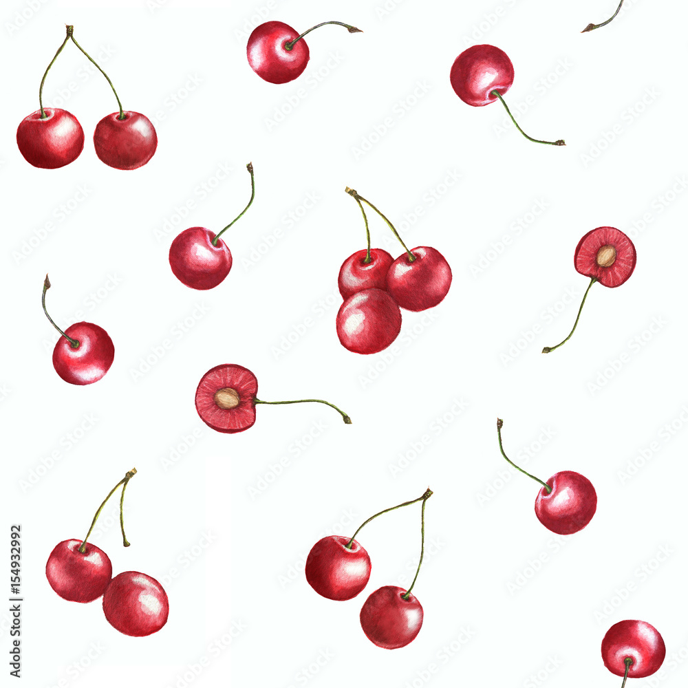 Seamless pattern watercolor cherries on the white background Seamless pattern watercolor cherries on the white background