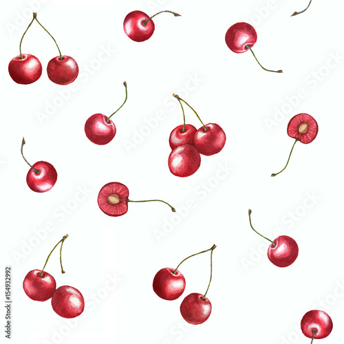 Seamless pattern watercolor cherries on the white background