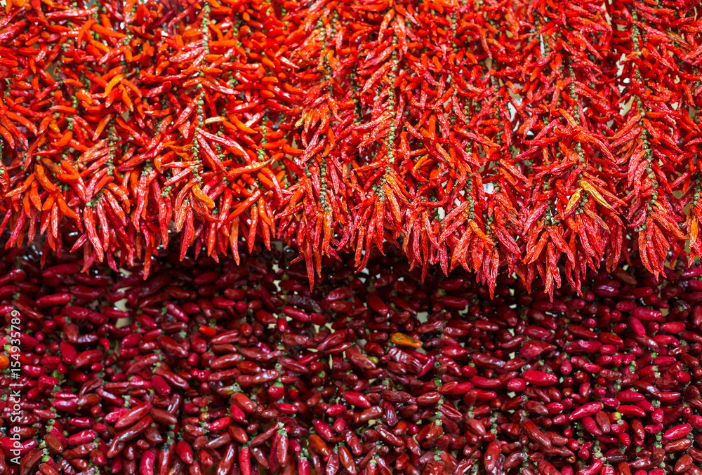 Red Chili peppers on string in Funchal on Madeira. Portugal