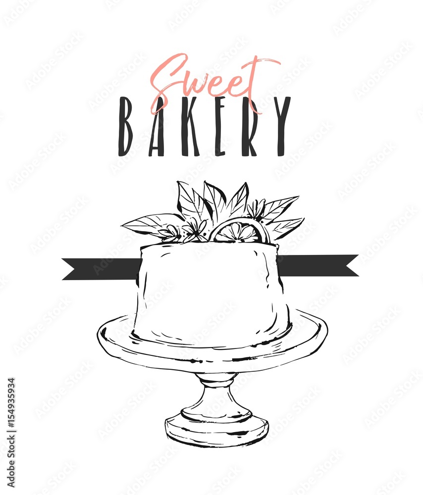 Hand drawn vector abstract unusual Sweet bakery card template with cake  stand design,flowers,lemon and modern calligraphy Sweet Bakery  isolated.Wedding,birthday,rsvp,save the date,sign,logo.branding. Stock  Vector | Adobe Stock
