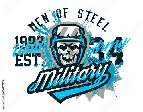 Vector illustration on a military theme, soldier, warrior, skull in helmet. Grunge effect, text, lettering. Typography, T-shirt graphics, print, banner, poster, flyer