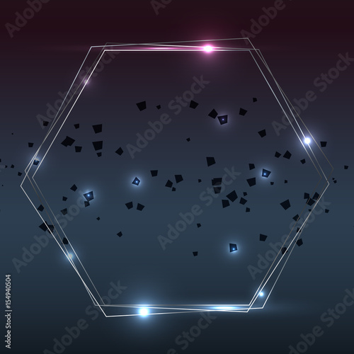 Abstract vector dark background with hexagonal frame and asteroids behind. Vector