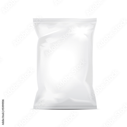 White blank foil bag packaging for food, snack, coffee, cocoa, sweets, crackers, nuts, chips. Realistic plastic pack mock up