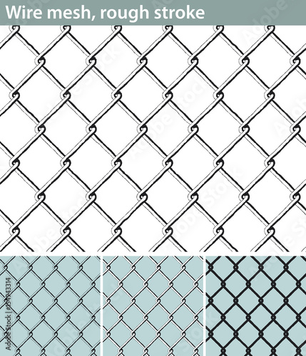 Wire mesh, rough stroke. Three different versions of a seamless pattern with a wire mesh: unfilled, with white filling and in silhouette.