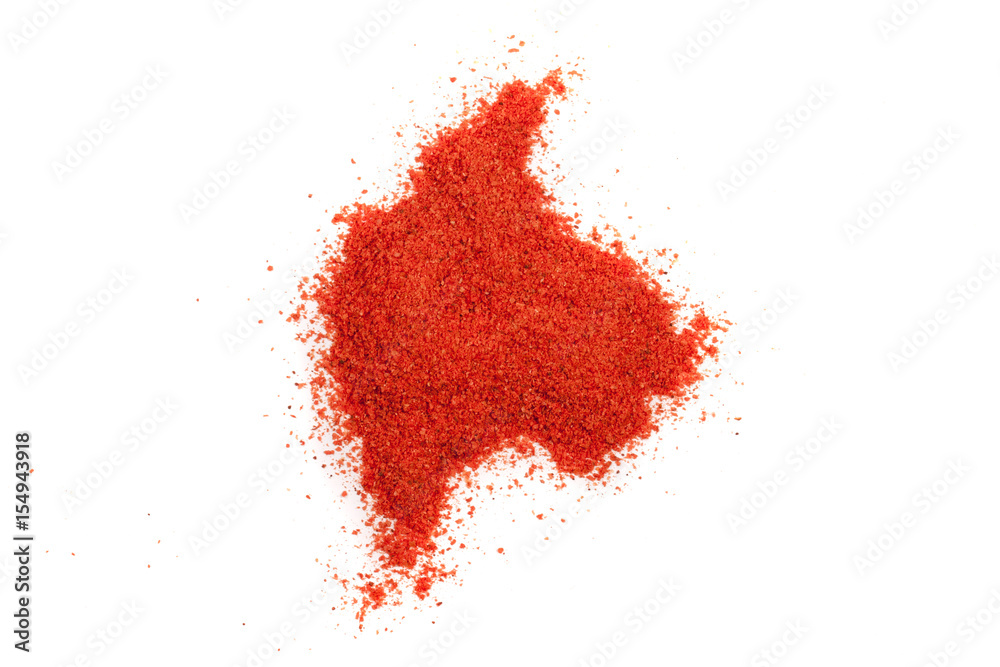 Paprika powder isolated on white background. Top view