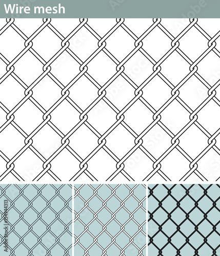 Wire mesh. Three different versions of a seamless pattern with a wire mesh: unfilled, with white filling and in silhouette.