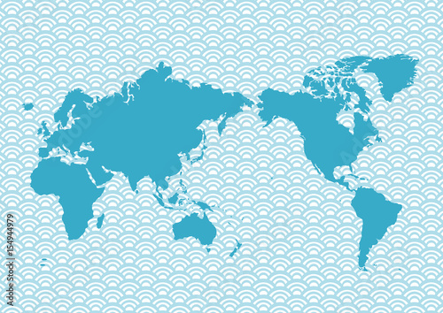 青色の世界地図（日本中心）と青海波模様イラスト　