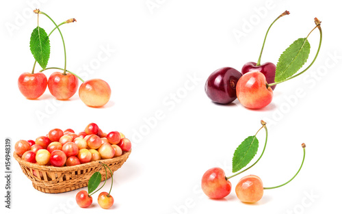 Red and yellow sweet cherry isolated on white background. Collection or set