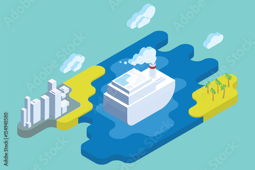 Ocean Cruise Summer Vacation. Flat Isometric Art. Travel Vector Illustration.