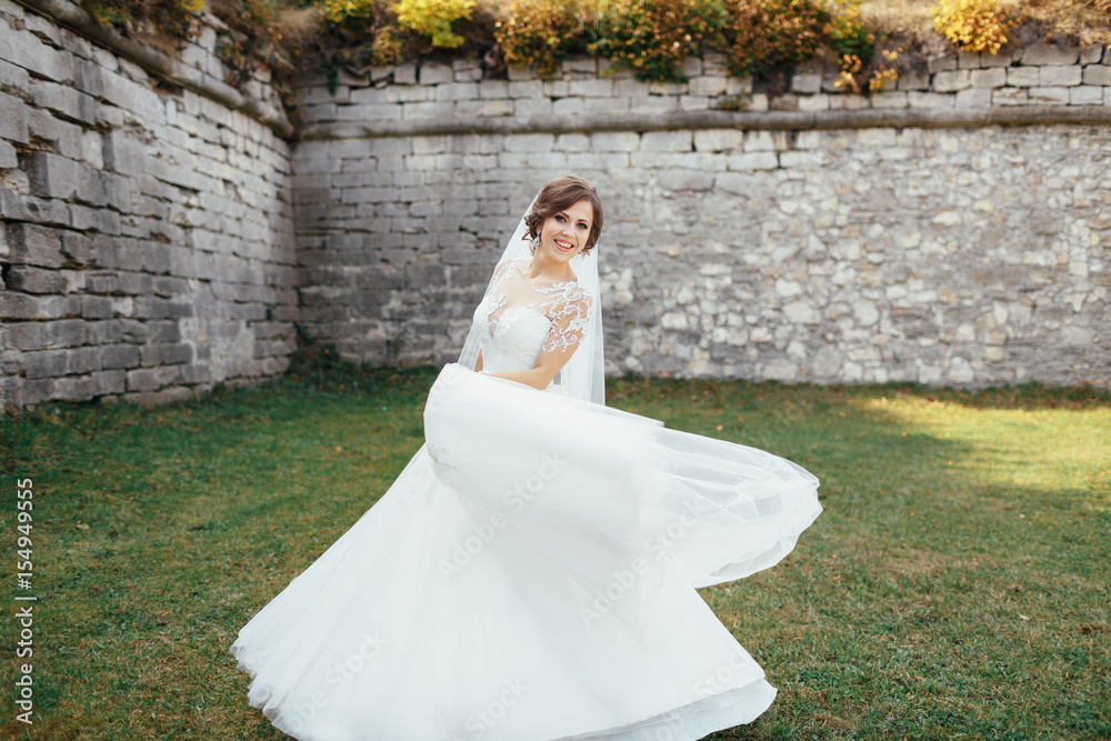 Fototapeta premium The charming bride stands in the park