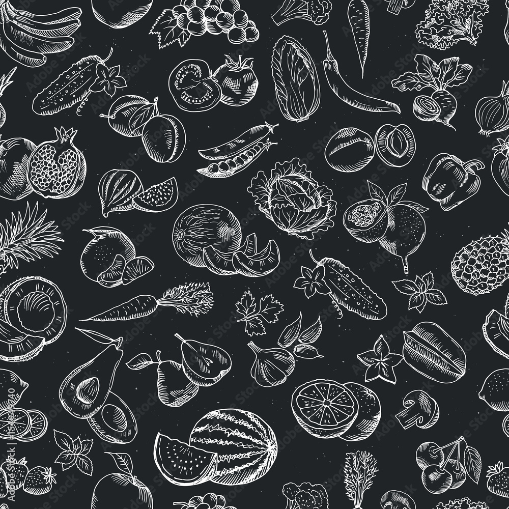 Fototapeta Wektor wzór ręcznie rysowane owoców i warzyw. Białe ilustracje na ciemnej tablicy