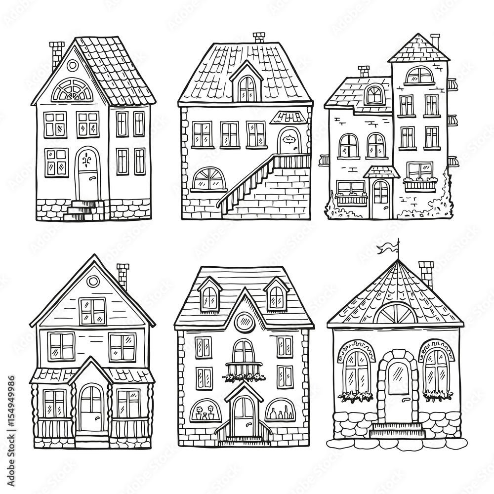 Cute little houses and different roofs. Doodle vector illustration of home