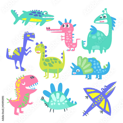 Funny cartoon dinosaurs set. Prehistoric animal characters vector Illustrations