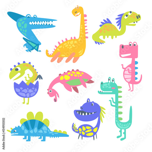 Cute funny dinosaurs. Collection of prehistoric animal characters vector Illustrations