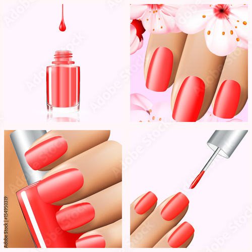Colorful red collection of nail designs for summer and spring. Vector 3d illustration. Nailpolish lacquer ads, nail polish splatter on white background. Manicure vogue ads for design