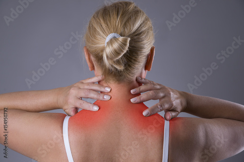 Schilderij op canvas Neck pain, massage of female body, ache in woman's body