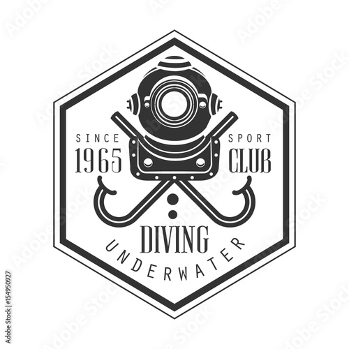 Diving underwater sport club since 1965 vintage logo. Black and white vector Illustration