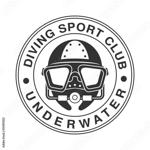 Underwater diving sport club vintage logo. Black and white vector Illustration