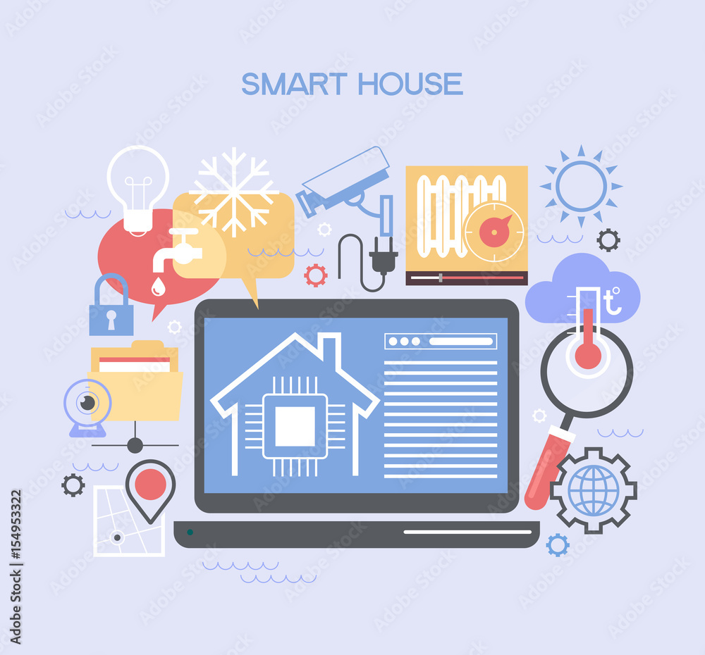 Smart home control concept. Smart house infographic. Concept home with technology system. Flat design style vector illustration. The file is saved in the version AI10 EPS. 