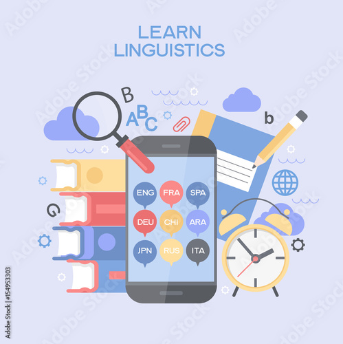 Template Learn Linguistics infographics. Concept for website banners and promotional materials. File is saved in AI10 EPS version. This illustration contains a transparency