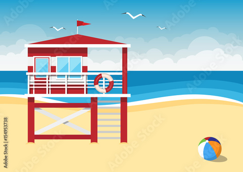 Lifeguard station on the beach on sea background.