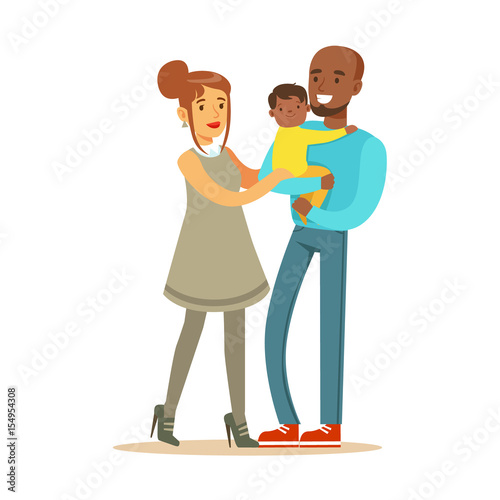 Happy interracial couple with their little mullato baby colorful characters vector Illustration