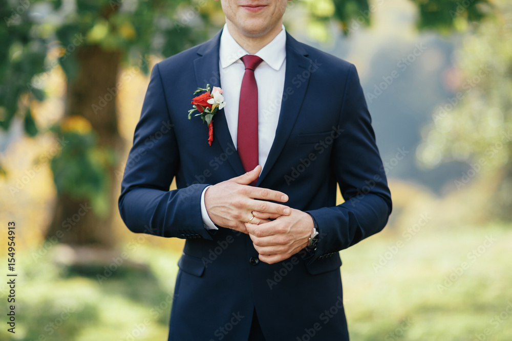 The handsome groom stands in the park The handsome groom stands in the park
