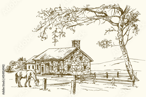 Vintage view of New England farm with horse, hand drawn vector illustration.