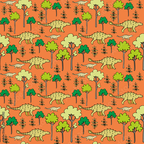 Childrens colorful seamless pattern with the image of funny dinosaurs