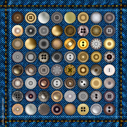 Metal jeans buttons. Realistic Accessories Metal Jeans Round Rivets over denim background. Vector 3d illustration. Mega collection of old vintage sewing buttons.