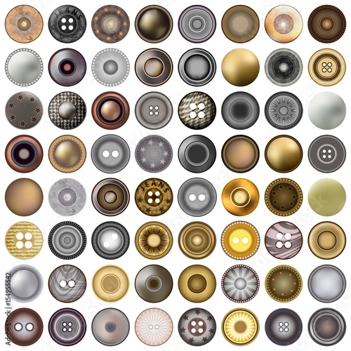Various sewing buttons isolated on white. Mega set of realistic metal round button set. 3d illustration. vector.