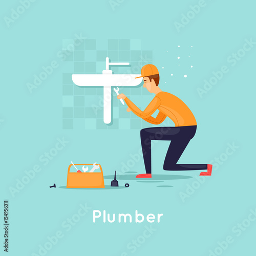 Plumber repair water supply. Flat design vector illustration.