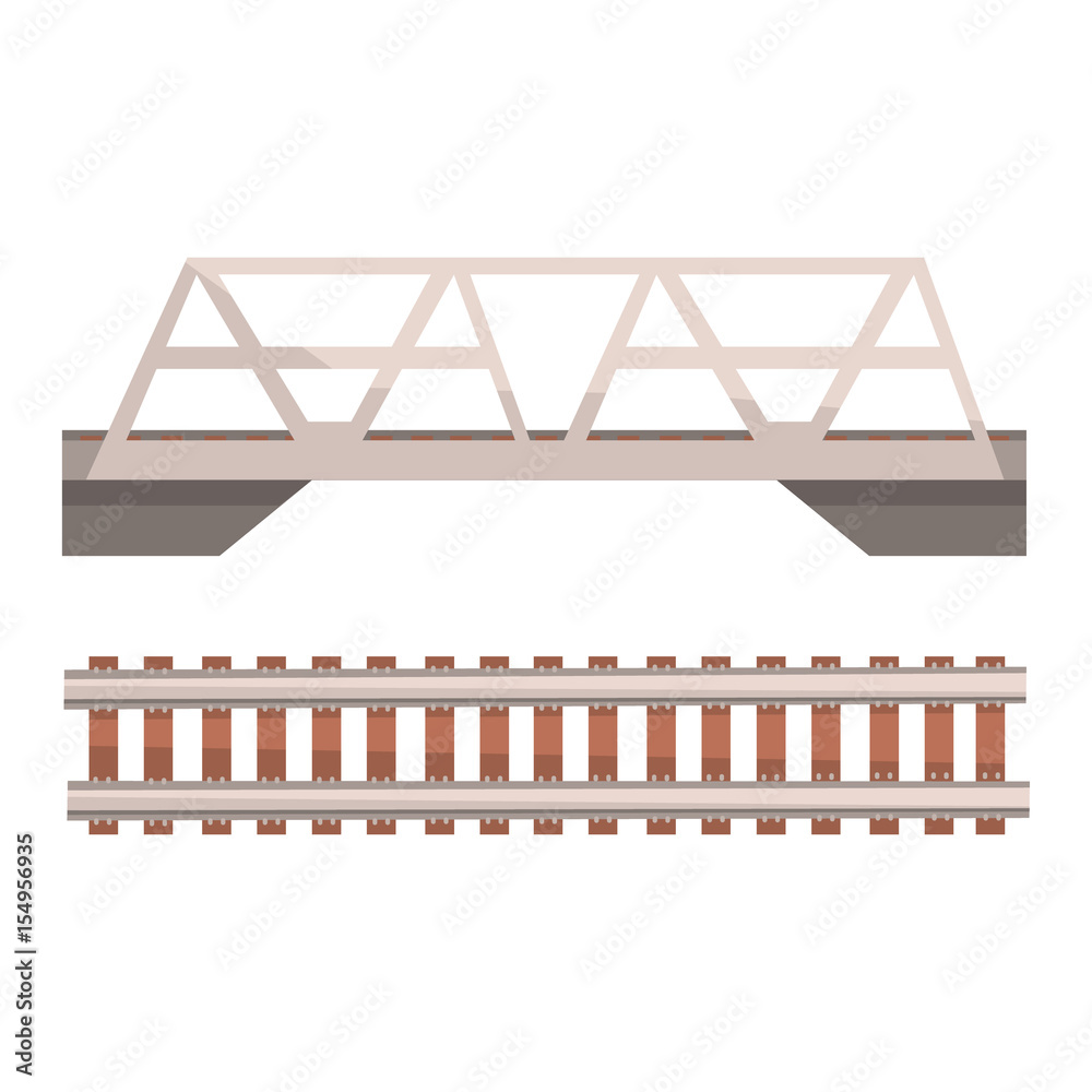 Railway bridge and railroad, rail section. Colorful cartoon illustration
