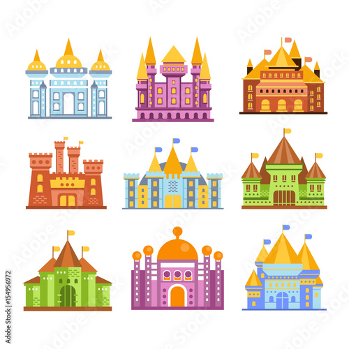 Fairy tale castles and fortresses. Collection of colorful medieval buildings vector Illustrations