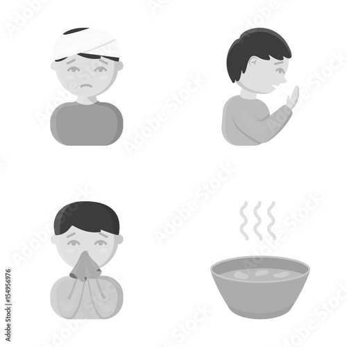 A man with a bandaged head, a man coughing, a man snorts a snot, a bowl, a bowl of hot broth into a handkerchief. Sick set collection icons in monochrome style vector symbol stock illustration web.